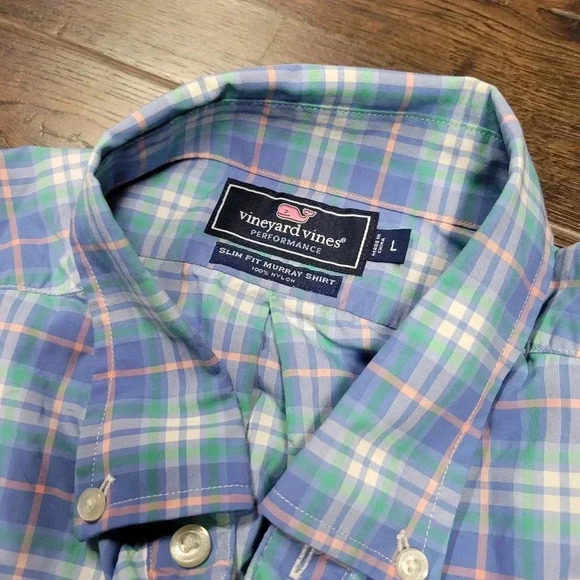 Vineyard Vines Mens Performance Slim Fit Murray Shirt size L Blue Plaid Check - Picture 2 of 5